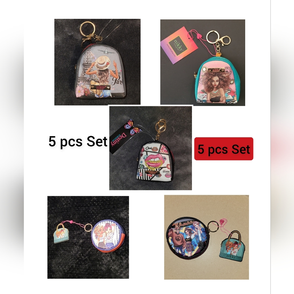 5 pcs Set Nikky BY NICOLE LEE 3 Mini Bookbag and 2 Coin Purse Keychain